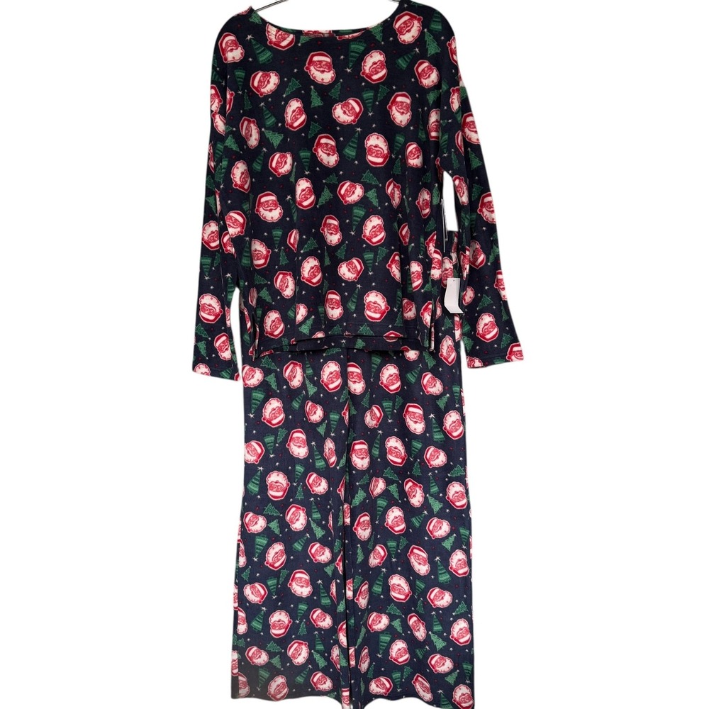 Nordstrom Rack Pajama Set Womens Large Navy Fleece Santa Christmas Trees Print